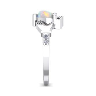 Opal Ring: 1 Carat Heart Shape Created Opal and Diamond Claddagh Ring In Sterling Silver