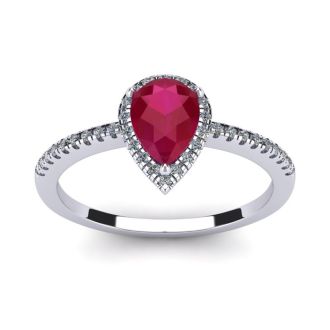 Ruby Ring: 1 Carat Pear Shape Created Ruby and Halo Diamond Ring In Sterling Silver