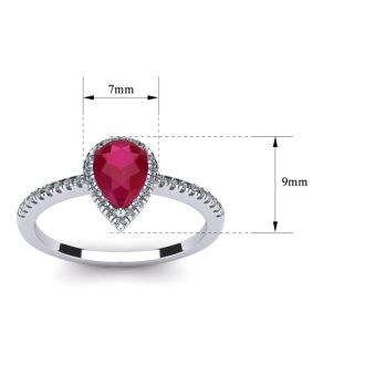 Ruby Ring: 1 Carat Pear Shape Created Ruby and Halo Diamond Ring In Sterling Silver