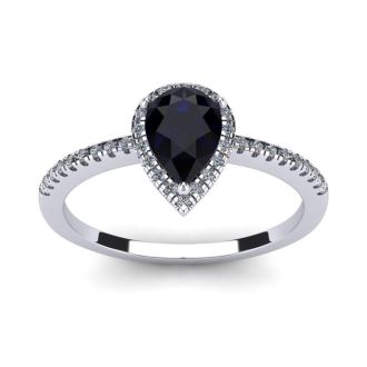 Sapphire Ring: 1 Carat Pear Shape Created Sapphire and Halo Diamond Ring In Sterling Silver