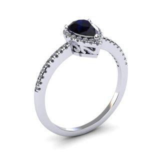 Sapphire Ring: 1 Carat Pear Shape Created Sapphire and Halo Diamond Ring In Sterling Silver