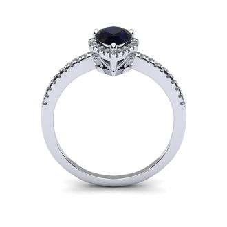 Sapphire Ring: 1 Carat Pear Shape Created Sapphire and Halo Diamond Ring In Sterling Silver