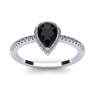 Black Onyx Ring: 1 Carat Pear Shape Black Onyx and Halo Diamond Ring In Sterling Silver