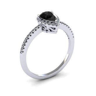 Black Onyx Ring: 1 Carat Pear Shape Black Onyx and Halo Diamond Ring In Sterling Silver