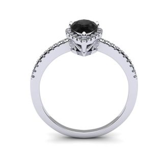 Black Onyx Ring: 1 Carat Pear Shape Black Onyx and Halo Diamond Ring In Sterling Silver