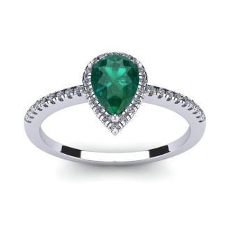 Emerald Ring: 1 Carat Pear Shape Created Emerald and Halo Diamond Ring In Sterling Silver