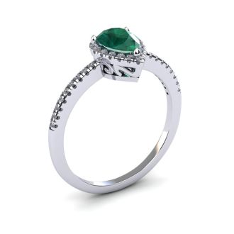 Emerald Ring: 1 Carat Pear Shape Created Emerald and Halo Diamond Ring In Sterling Silver