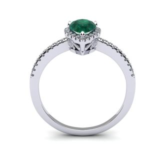 Emerald Ring: 1 Carat Pear Shape Created Emerald and Halo Diamond Ring In Sterling Silver