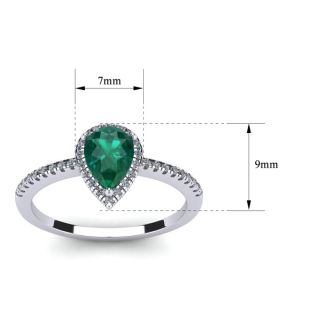 Emerald Ring: 1 Carat Pear Shape Created Emerald and Halo Diamond Ring In Sterling Silver