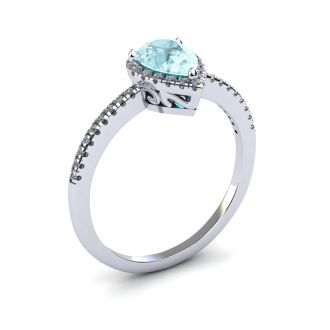 Aquamarine Ring: 1 Carat Pear Shape Aquamarine and Halo Diamond Ring In Sterling Silver