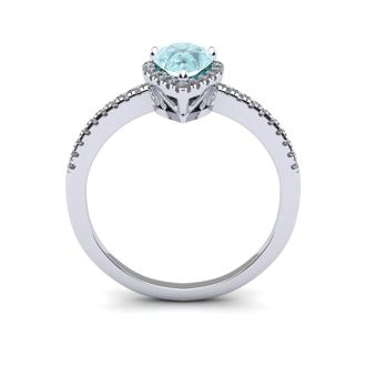 Aquamarine Ring: 1 Carat Pear Shape Aquamarine and Halo Diamond Ring In Sterling Silver