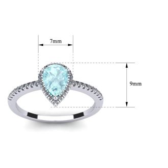 Aquamarine Ring: 1 Carat Pear Shape Aquamarine and Halo Diamond Ring In Sterling Silver