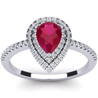 Ruby Ring: 1 Carat Pear Shape Created Ruby and Double Halo Diamond Ring In Sterling Silver