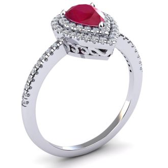 Ruby Ring: 1 Carat Pear Shape Created Ruby and Double Halo Diamond Ring In Sterling Silver