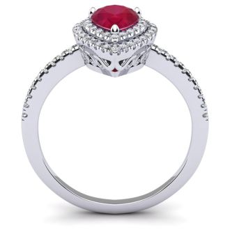 Ruby Ring: 1 Carat Pear Shape Created Ruby and Double Halo Diamond Ring In Sterling Silver