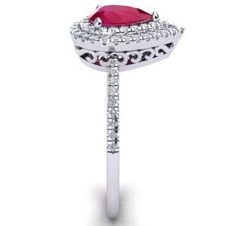 Ruby Ring: 1 Carat Pear Shape Created Ruby and Double Halo Diamond Ring In Sterling Silver