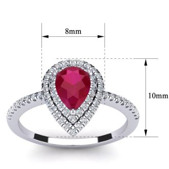 Ruby Ring: 1 Carat Pear Shape Created Ruby and Double Halo Diamond Ring In Sterling Silver