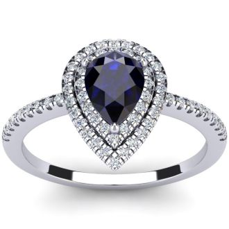 Sapphire Ring: 1 Carat Pear Shape Created Sapphire and Double Halo Diamond Ring In Sterling Silver
