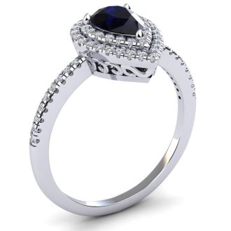 Sapphire Ring: 1 Carat Pear Shape Created Sapphire and Double Halo Diamond Ring In Sterling Silver