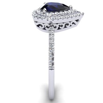 Sapphire Ring: 1 Carat Pear Shape Created Sapphire and Double Halo Diamond Ring In Sterling Silver