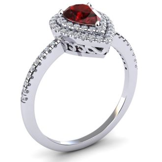 Garnet Ring: 1 Carat Pear Shape Garnet and Double Halo Diamond Ring In Sterling Silver