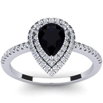 Black Onyx Ring: 1 Carat Pear Shape Black Onyx and Double Halo Diamond Ring In Sterling Silver