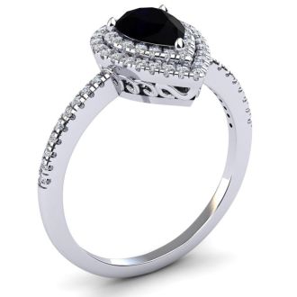 Black Onyx Ring: 1 Carat Pear Shape Black Onyx and Double Halo Diamond Ring In Sterling Silver