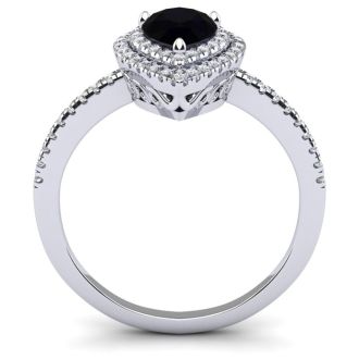Black Onyx Ring: 1 Carat Pear Shape Black Onyx and Double Halo Diamond Ring In Sterling Silver