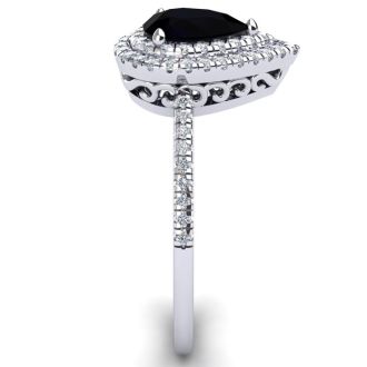 Black Onyx Ring: 1 Carat Pear Shape Black Onyx and Double Halo Diamond Ring In Sterling Silver