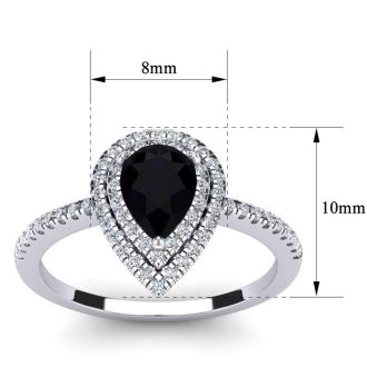 Black Onyx Ring: 1 Carat Pear Shape Black Onyx and Double Halo Diamond Ring In Sterling Silver