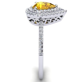 Citrine Ring: 1 Carat Pear Shape Citrine and Double Halo Diamond Ring In Sterling Silver