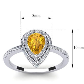 Citrine Ring: 1 Carat Pear Shape Citrine and Double Halo Diamond Ring In Sterling Silver
