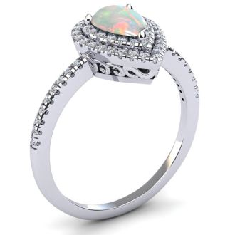 Opal Ring: 1 Carat Pear Shape Created Opal and Double Halo Diamond Ring In Sterling Silver