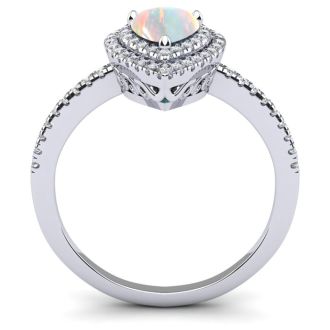 Opal Ring: 1 Carat Pear Shape Created Opal and Double Halo Diamond Ring In Sterling Silver