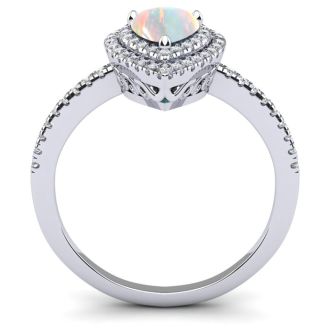 Opal Ring: 1 Carat Pear Shape Created Opal and Double Halo Diamond Ring In Sterling Silver