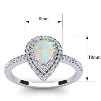 Opal Ring: 1 Carat Pear Shape Created Opal and Double Halo Diamond Ring In Sterling Silver