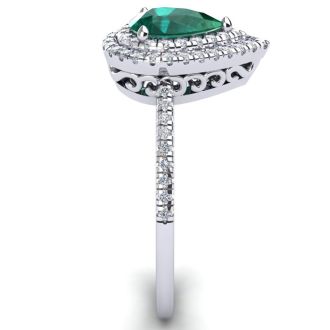 Emerald Ring: 1 Carat Pear Shape Created Emerald and Double Halo Diamond Ring In Sterling Silver