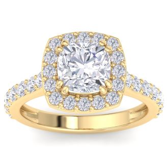 3 Carat Cushion Cut Lab Grown Diamond Halo Engagement Ring In 14K Yellow Gold