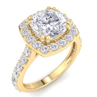 3 Carat Cushion Cut Lab Grown Diamond Halo Engagement Ring In 14K Yellow Gold