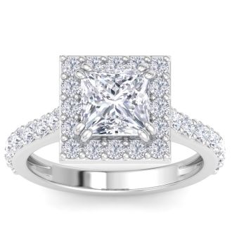 3 Carat Princess Cut Lab Grown Diamond Halo Engagement Ring In 14K White Gold