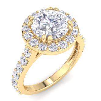 3 Carat Round Lab Grown Diamond Halo Engagement Ring In 14K Yellow Gold