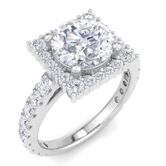 3 Carat Round Lab Grown Diamond Square Halo Engagement Ring In 14K White Gold