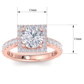 3 Carat Round Lab Grown Diamond Square Halo Engagement Ring In 14K Rose Gold