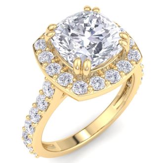 4 Carat Cushion Cut Lab Grown Diamond Halo Engagement Ring In 14K Yellow Gold