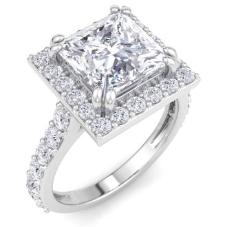 4 Carat Princess Cut Lab Grown Diamond Halo Engagement Ring In 14K White Gold