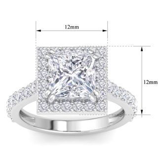 4 Carat Princess Cut Lab Grown Diamond Halo Engagement Ring In 14K White Gold