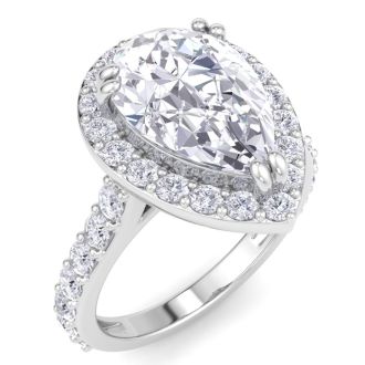 4 Carat Pear Shape Lab Grown Diamond Halo Engagement Ring In 14K White Gold