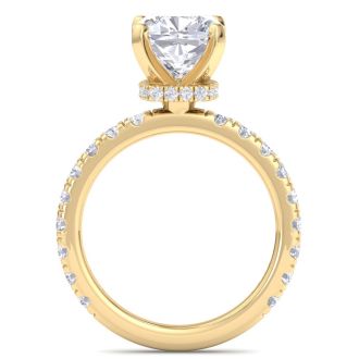 4 Carat Cushion Cut Lab Grown Diamond Hidden Halo Engagement Ring In 14K Yellow Gold