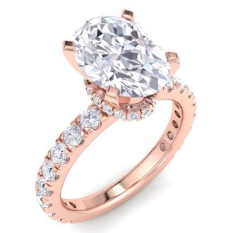 4 Carat Oval Shape Lab Grown Diamond Hidden Halo Engagement Ring In 14K Rose Gold