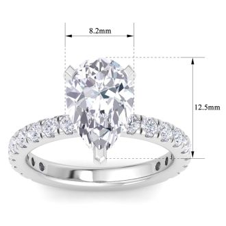 4 Carat Pear Shape Lab Grown Diamond Hidden Halo Engagement Ring In 14K White Gold